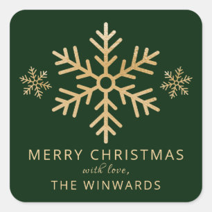 Holiday Green & Gold Foil Christmas Snowflake Square Sticker
