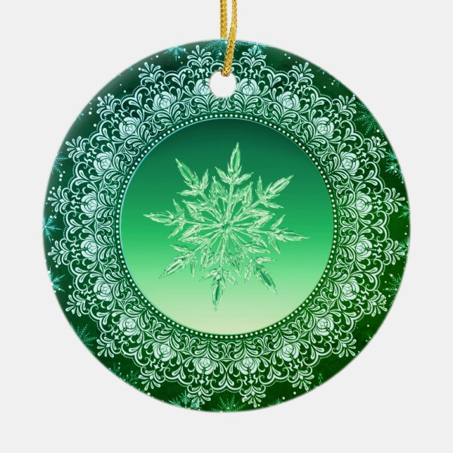 Holiday Green Ice Crystal Snowflake Ceramic Tree Decoration (Front)
