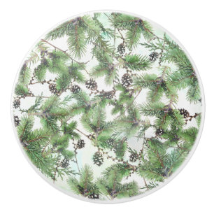 Holiday Green & Pine Cones Country Winter Rustic Ceramic Knob