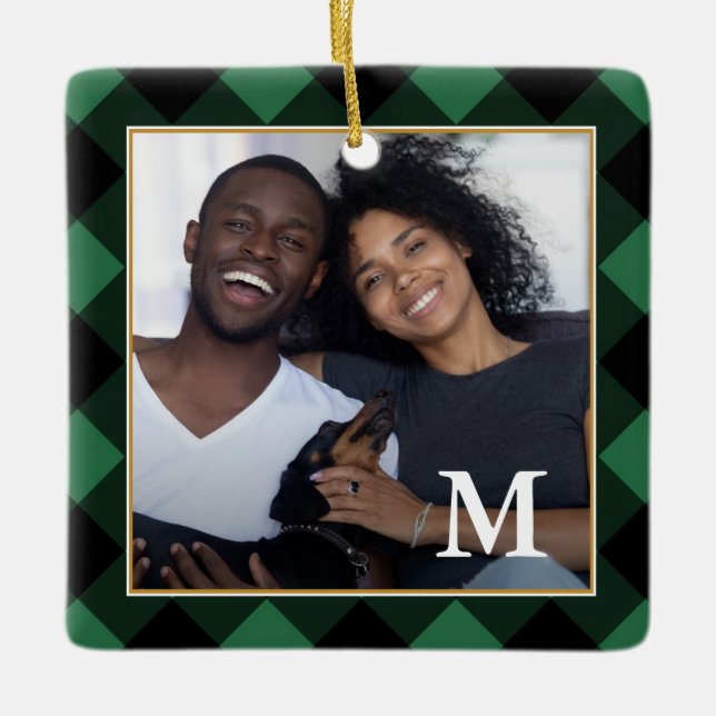 Holiday Green Plaid with Monogram Photo Christmas Ceramic Ornament (Front)
