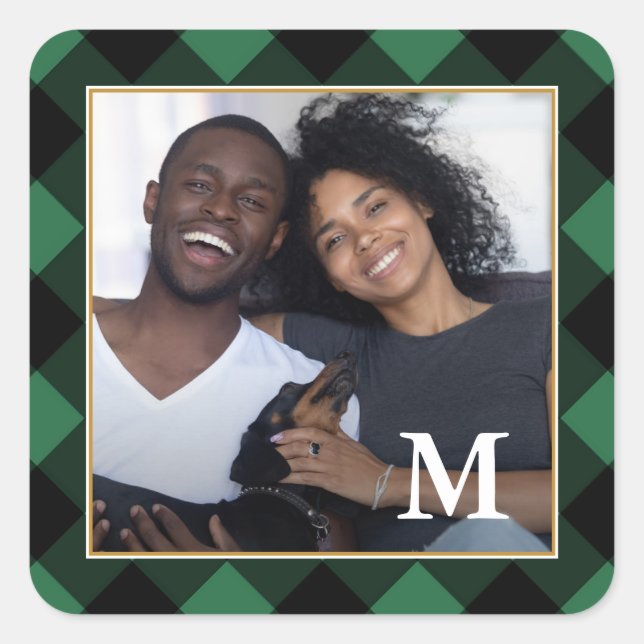 Holiday Green Plaid with Monogram Photo Square Sticker (Front)