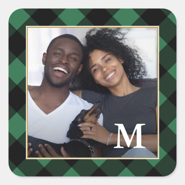 Holiday Green Plaid with Monogram Photo Square Sticker (Front)