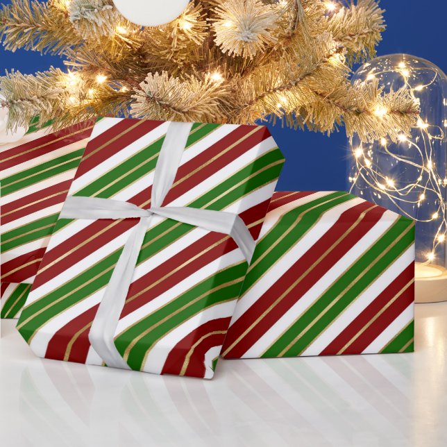 Holiday Green, Red & Gold Foil Christmas Stripes Wrapping Paper (Holidays)