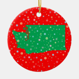 Holiday Green Red Map of Washington State Snow Ceramic Tree Decoration