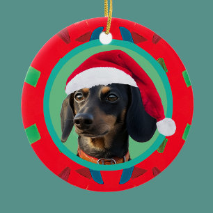 Holiday Green Red Your Dog or our Dachshund Photo  Ceramic Tree Decoration