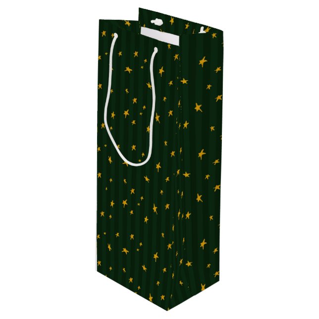 Holiday Green Yellow Star Stripe Christmas Wine Gift Bag (Front Angled)