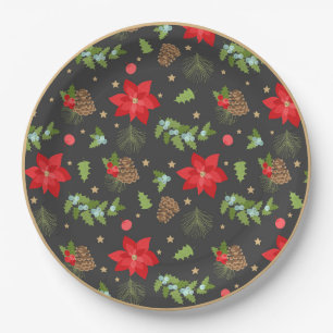 Holiday Greenery and Poinsettia Christmas Plate