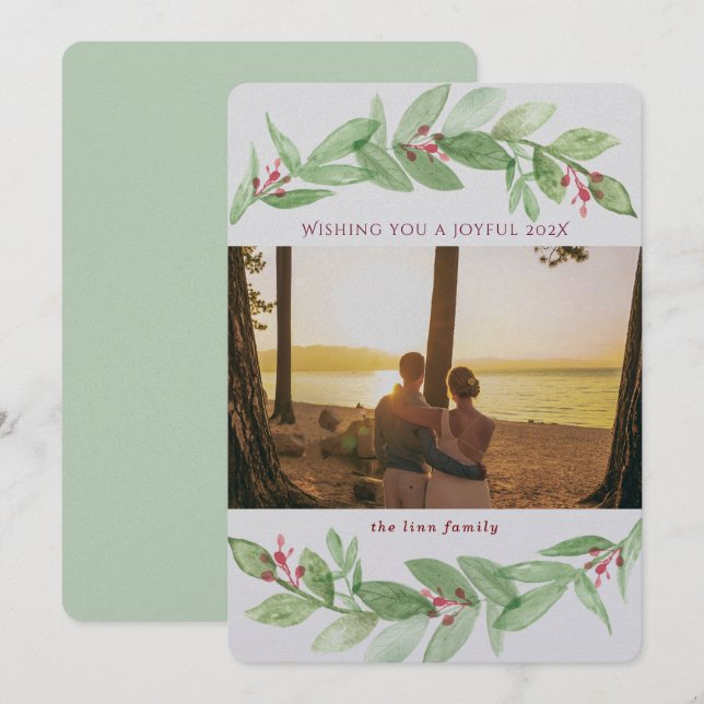 Holiday Greenery Berries Joyful Family Photo Card (Front/Back)