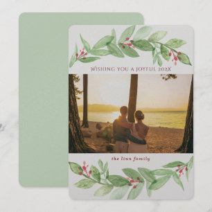 Holiday Greenery Berries Joyful Family Photo Card