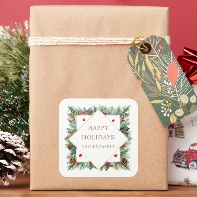 Holiday Greenery Border Monogram Square Sticker (Holiday)