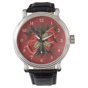 Holiday Greenery & Pretty Red Bow Christmas Watch