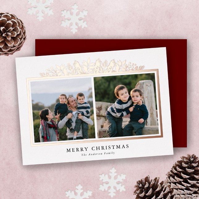 Holiday Greenery Rose Gold Foil 2 Photo Christmas (Creator Uploaded)