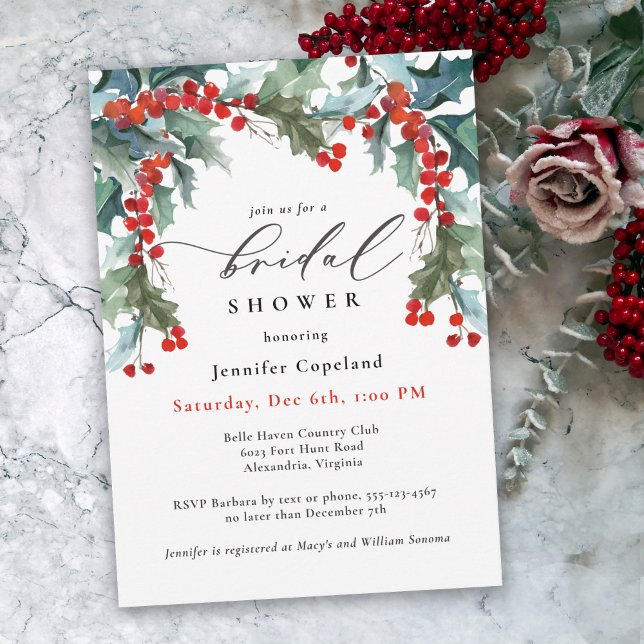 Holiday Greenery Watercolor Holly Bridal Shower Invitation (A festive choice for hosting a bridal shower during the Christmas holiday season or winter months.)