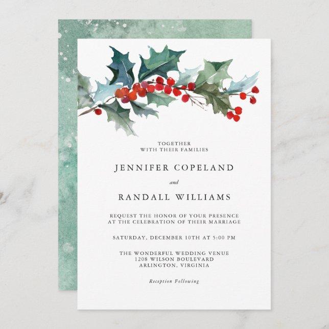 Holiday Greenery Watercolor Wedding Invitation (Front/Back)
