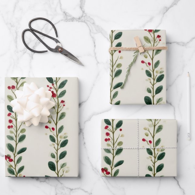 Holiday Greenery Wrapping Paper | Watercolor Leave (Front)