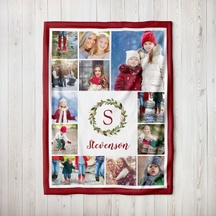 Holiday Greenery Wreath Family Monogram 12 Photo Fleece Blanket