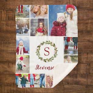 Holiday Greenery Wreath Family Monogram 12 Photo Sherpa Blanket