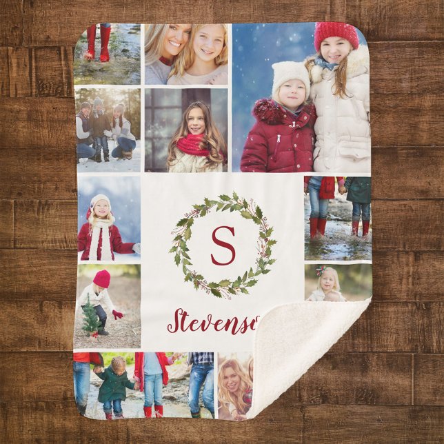 Holiday Greenery Wreath Family Monogram 12 Photo Sherpa Blanket (Creator Uploaded)