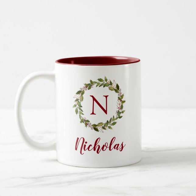 Holiday Greenery Wreath Family Monogram Two-Tone Coffee Mug (Left)