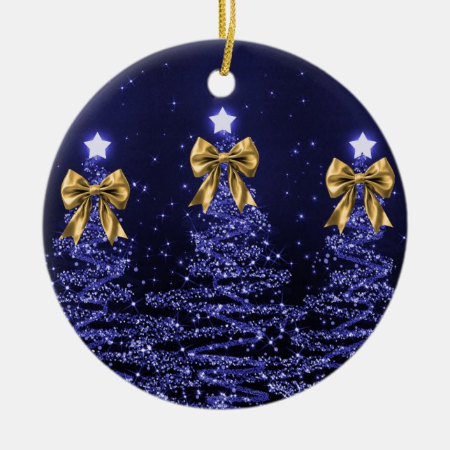 Holiday Greeting Navy Blue Christmas Trees Gold  Ceramic Tree Decoration (Front)