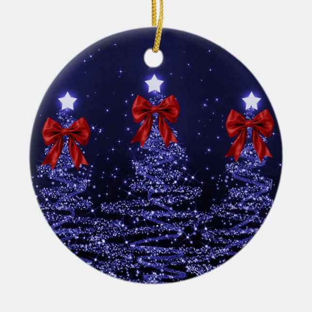 Holiday Greeting Navy Blue Christmas Trees Red  Ceramic Tree Decoration (Front)