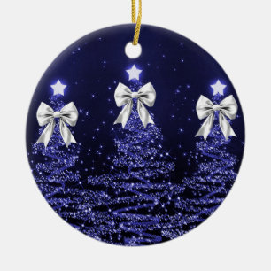 Holiday Greeting Navy Blue Christmas Trees Silver Ceramic Tree Decoration