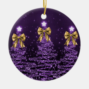 Holiday Greeting Purple Christmas Trees Gold Bows Ceramic Tree Decoration