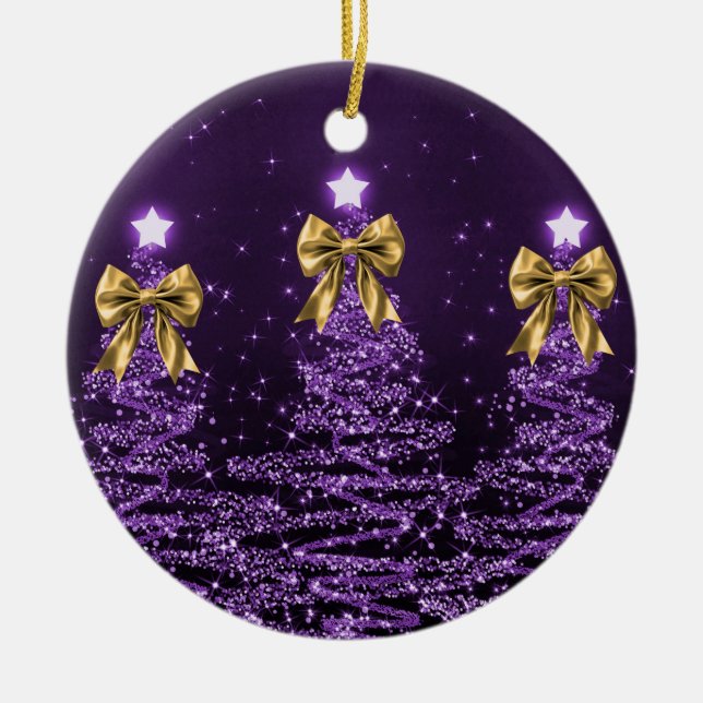 Holiday Greeting Purple Christmas Trees Gold Bows Ceramic Tree Decoration (Front)