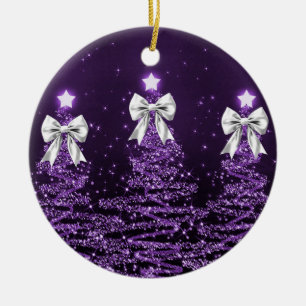 Holiday Greeting Purple Christmas Trees Silver Ceramic Tree Decoration