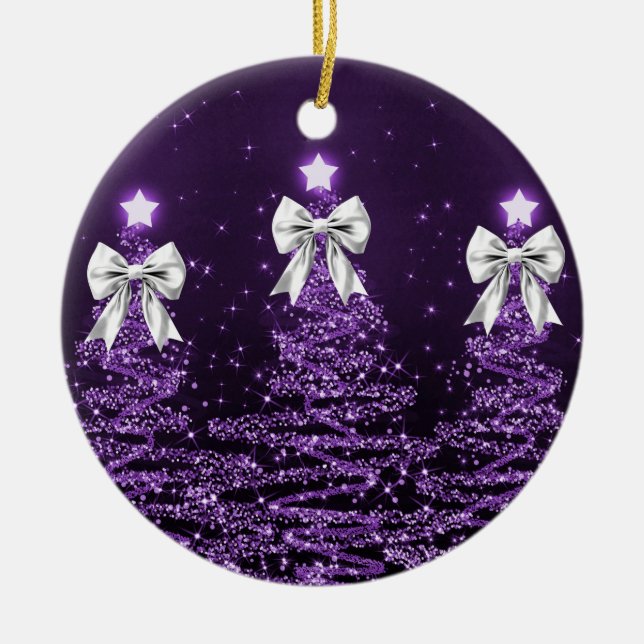 Holiday Greeting Purple Christmas Trees Silver Ceramic Tree Decoration (Front)