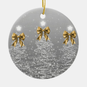 Holiday Greeting Silver Christmas Trees Gold Bows Ceramic Tree Decoration