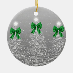 Holiday Greeting Silver Christmas Trees Green Bows Ceramic Tree Decoration