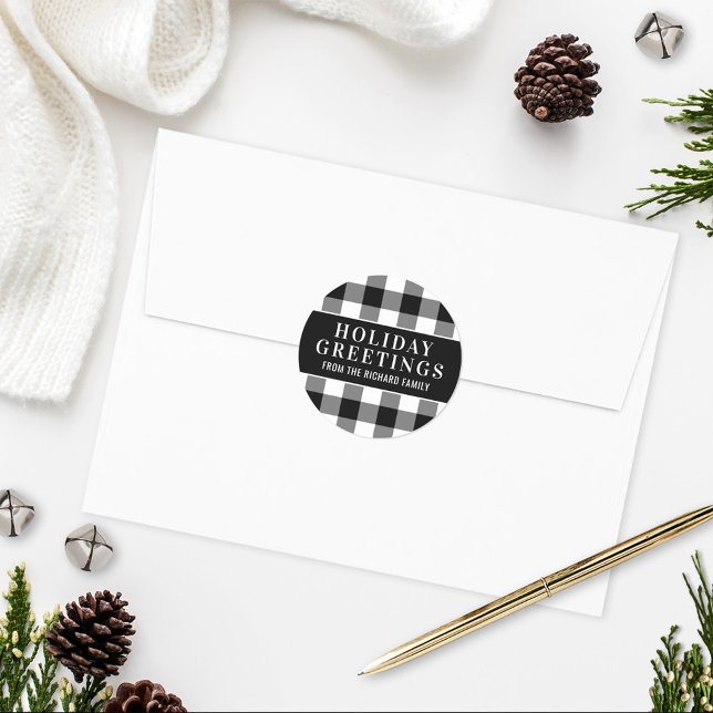 Holiday Greetings Black and White Buffalo Plaid Classic Round Sticker (Creator Uploaded)