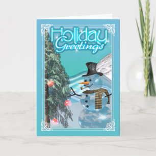 Holiday greetings from snowman with tree card
