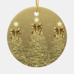 Holiday Greetings Gold Christmas Trees w/ Bows Ceramic Tree Decoration