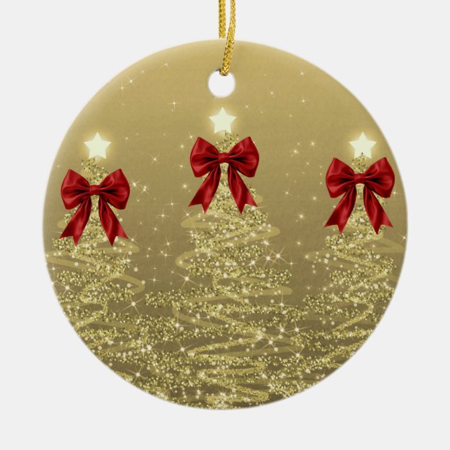 Holiday Greetings Gold Christmas Trees w/ Red Bows Ceramic Tree Decoration (Front)