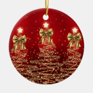 Holiday Greetings Gold Red Christmas Trees w/ Bows Ceramic Tree Decoration