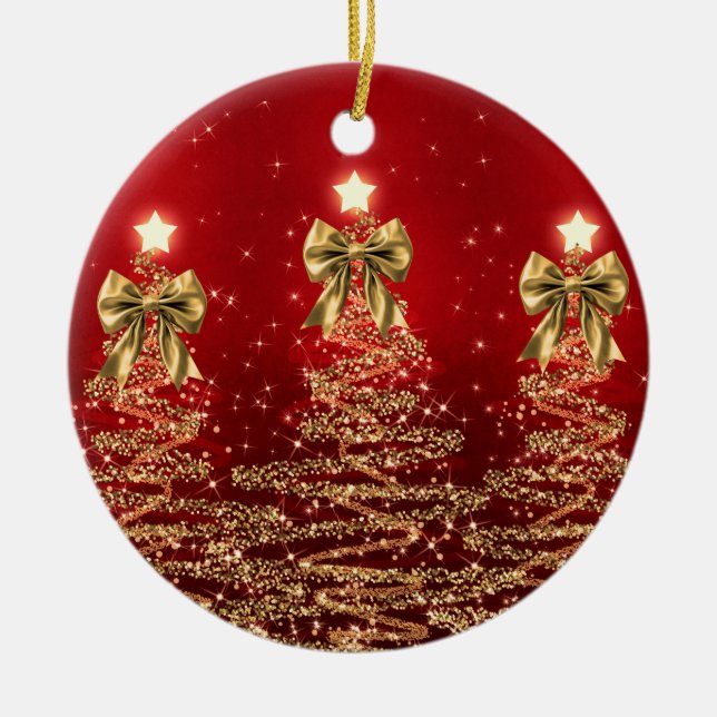 Holiday Greetings Gold Red Christmas Trees w/ Bows Ceramic Tree Decoration (Front)