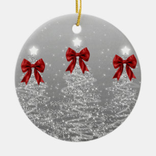 Holiday Greetings Silver Christmas Trees Red Bows Ceramic Tree Decoration