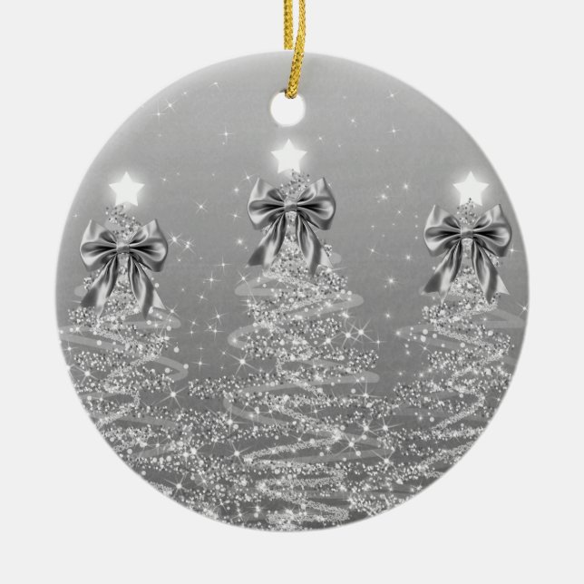 Holiday Greetings Silver Christmas Trees w/ Bows Ceramic Tree Decoration (Front)