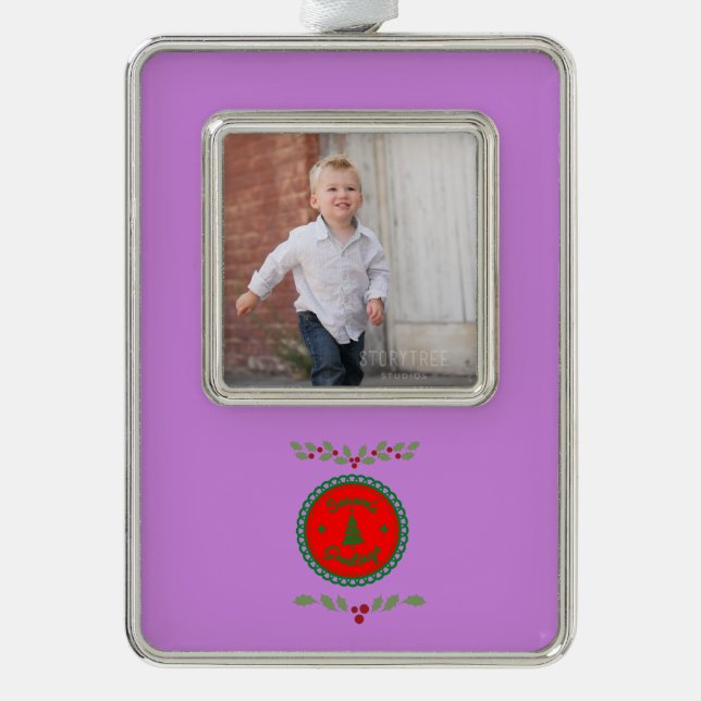 Holiday Greetings With Green Holly 1 photo Silver Plated Framed Ornament (Front)