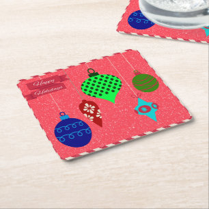Holiday Greetings with Variety Hanging Ornaments Square Paper Coaster