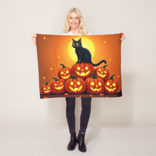 Holiday Halloween art with cat and full moon Fleece Blanket