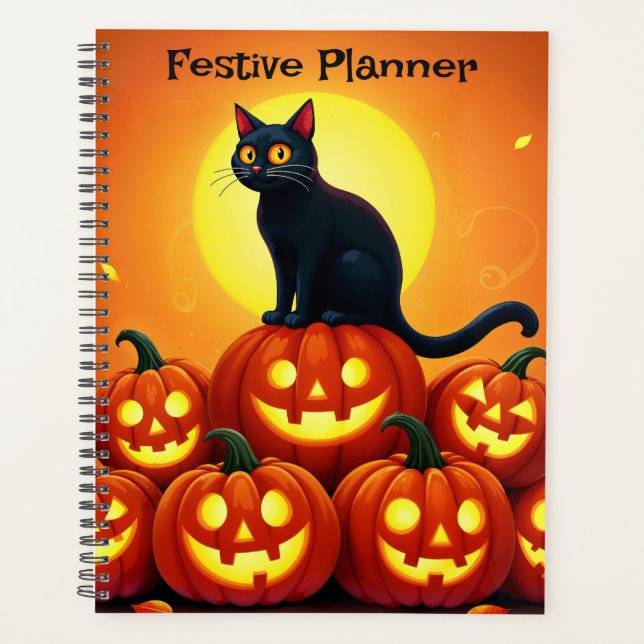 Holiday Halloween art with cat and full moon Planner (Front)