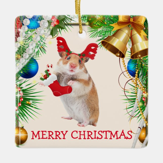Holiday Hamster Mouse Christmas Ceramic Ornament (Front)