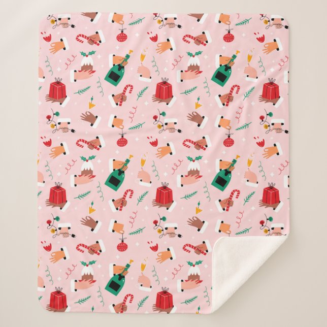 Holiday Hands Festive Celebration Pattern Sherpa Blanket (Front)