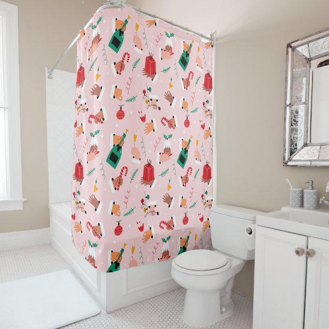 Holiday Hands Festive Celebration Pattern Shower Curtain (In Situ)