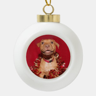 Holiday Happy pitbull puppy Ceramic Ball Christmas Ornament