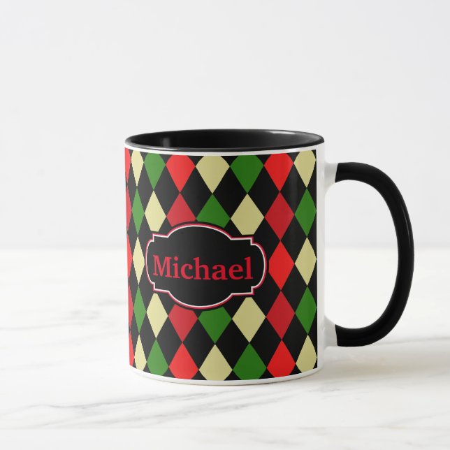 Holiday Harlequin Geometric Pattern with Name Mug (Right)