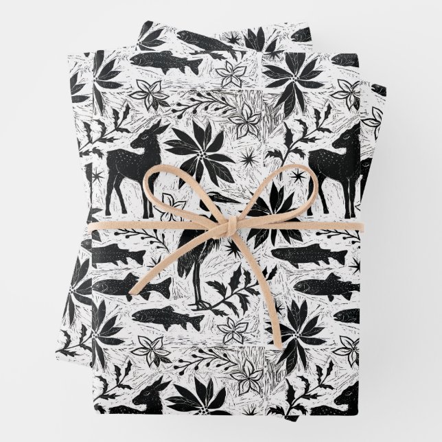 Holiday Heron and Deer Wrapping Paper Sheet (In situ)